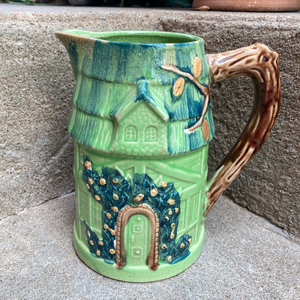 Vintage Village Cottage Green Ceramic Pitcher Made In Japan (EXC)
